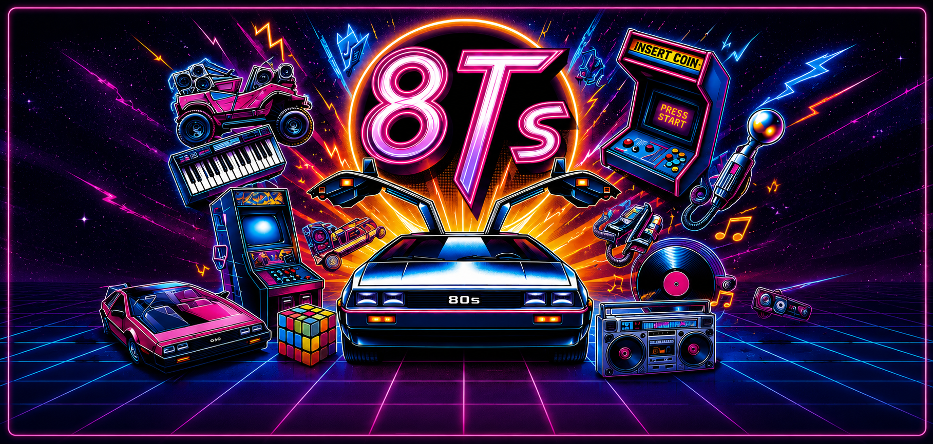 The 8Ts neon arcade 80s artwork